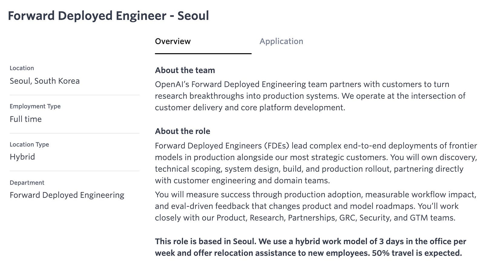 OpenAI의 서울 FDE 공고입니다. 주 3일 사무실 근무에 출장이 50%라고 적혀 있어요.