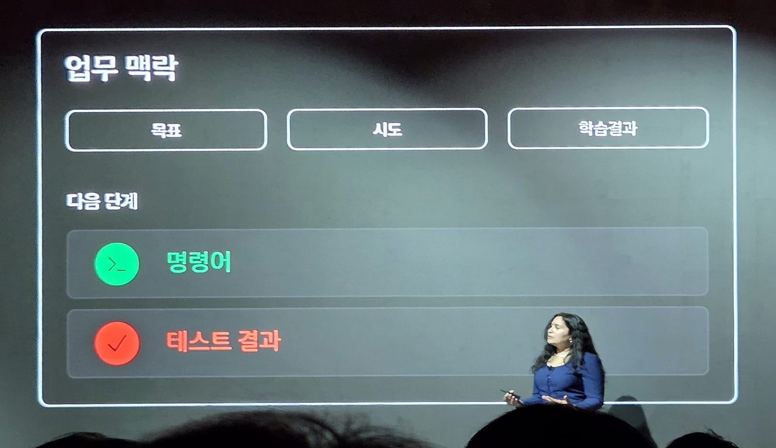 업무 맥락으로 목표, 시도, 학습결과를 남기고 다음 단계의 명령어와 테스트 결과로 잇는 화면입니다. 학습결과는 작업 중 알아낸 사실이지 모델 재학습이 아니에요(DevDay Exchange Seoul 현장 사진, 슬라이드 일부 확대, 원근/선명도 보정).