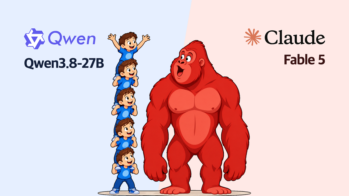 어깨를 밟고 선 아이 다섯과 고릴라 그림은 GVS5H 저장소의 로고입니다. 그림: Victor Gao 외, GVS5H 깃허브(CC BY 4.0), 배경색과 Qwen, Claude 로고, 모델 이름을 더했어요.