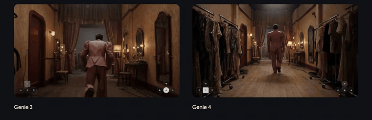 같은 백스테이지 장면을 Genie 3(왼쪽)와 Genie 4(오른쪽)로 만든 공식 비교 영상입니다(Google DeepMind).