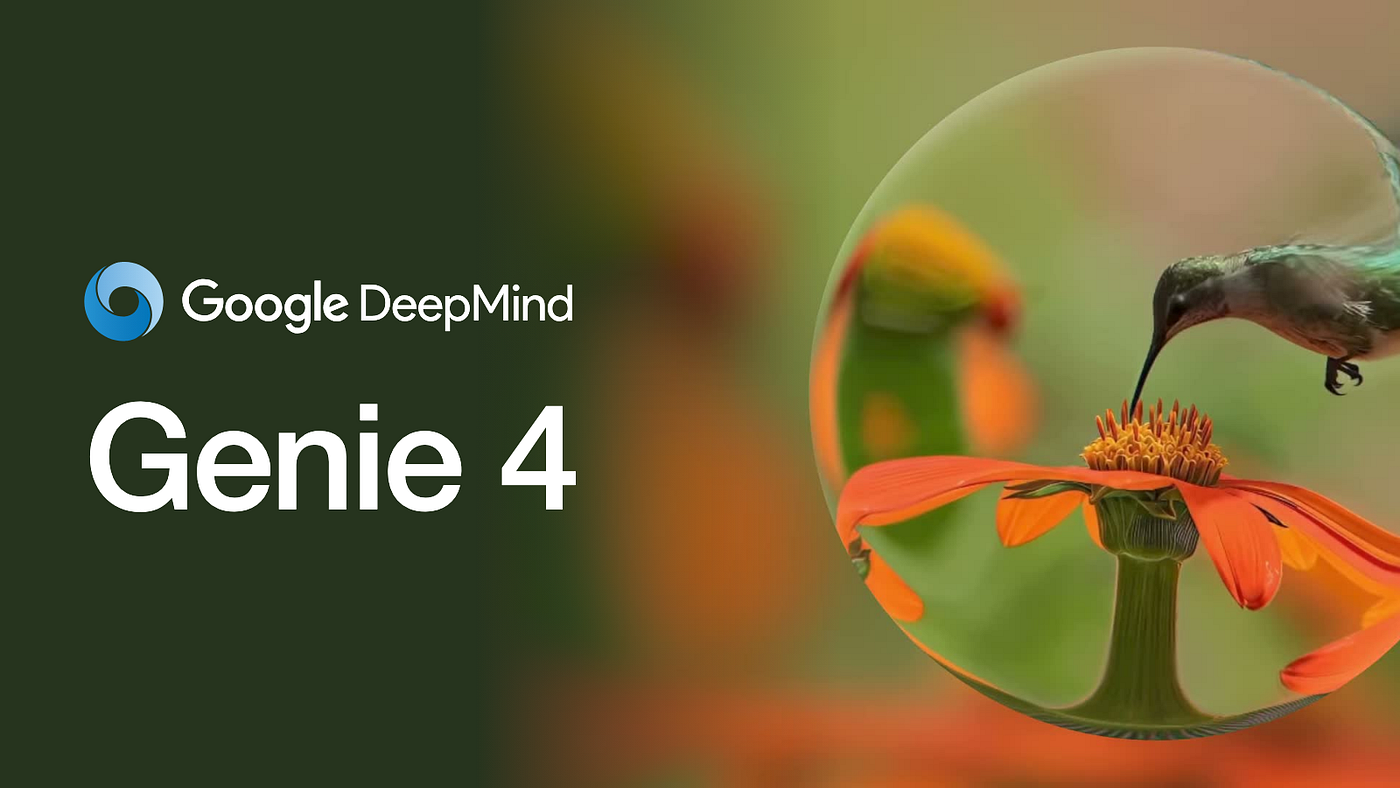 구글 DeepMind가 Genie 4 블로그 첫머리에 올린 공식 영상의 한 장면에 로고를 얹었습니다(Google DeepMind).