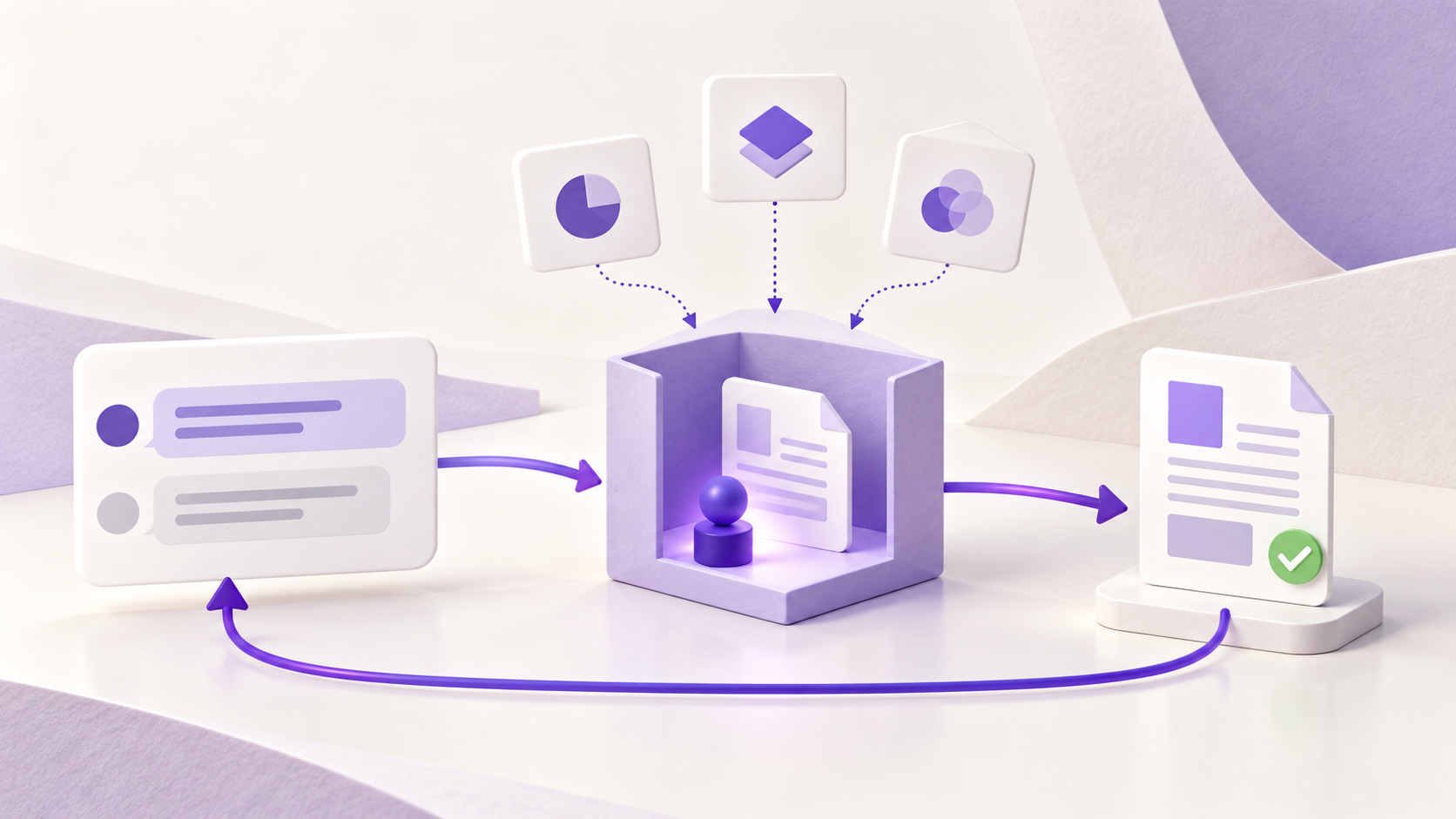 Illustration: a chat panel sends work along an arrow into an open box where a single figure works on a document, while three cards above point dotted arrows into the box. The finished document, marked with a check, connects back to the chat panel along a returning arrow.